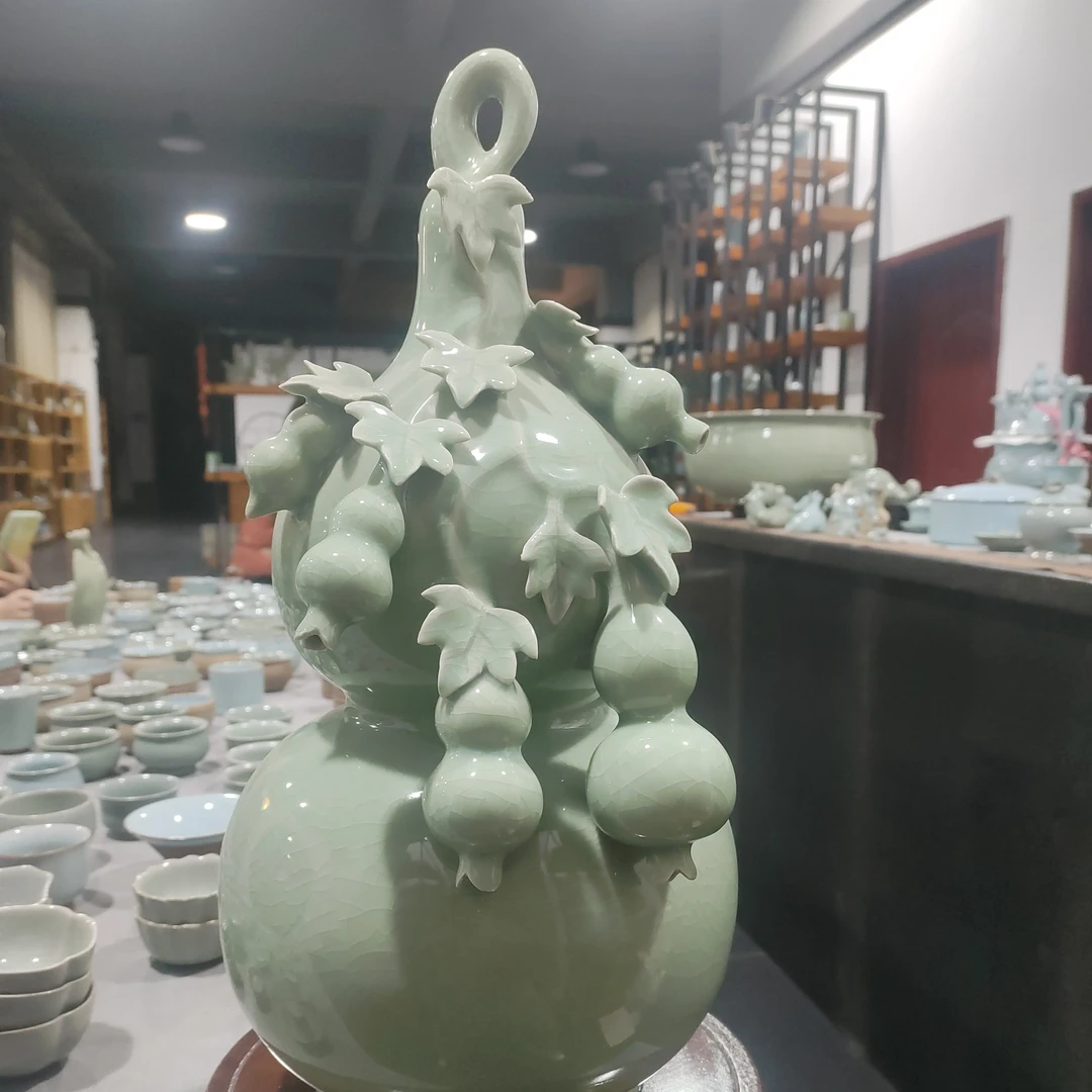 刘恩霞汝瓷摆件豆绿釉葫芦福禄五子登科汝州直发