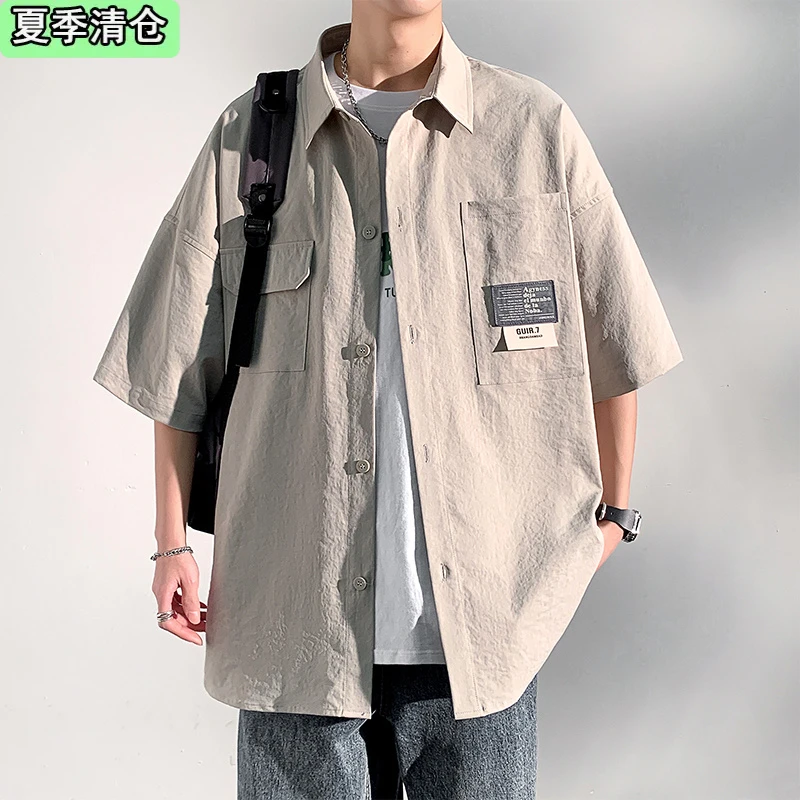 男士短袖百搭衬衫男士夏季潮牌冰丝薄款休闲痞帅美式工装衬衣夏天