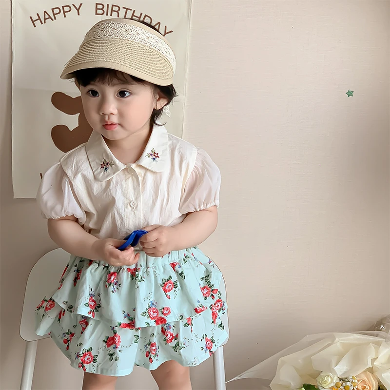 H1019韩版婴儿套装可爱夏装洋气休闲碎花女宝宝上衣裤子两件套