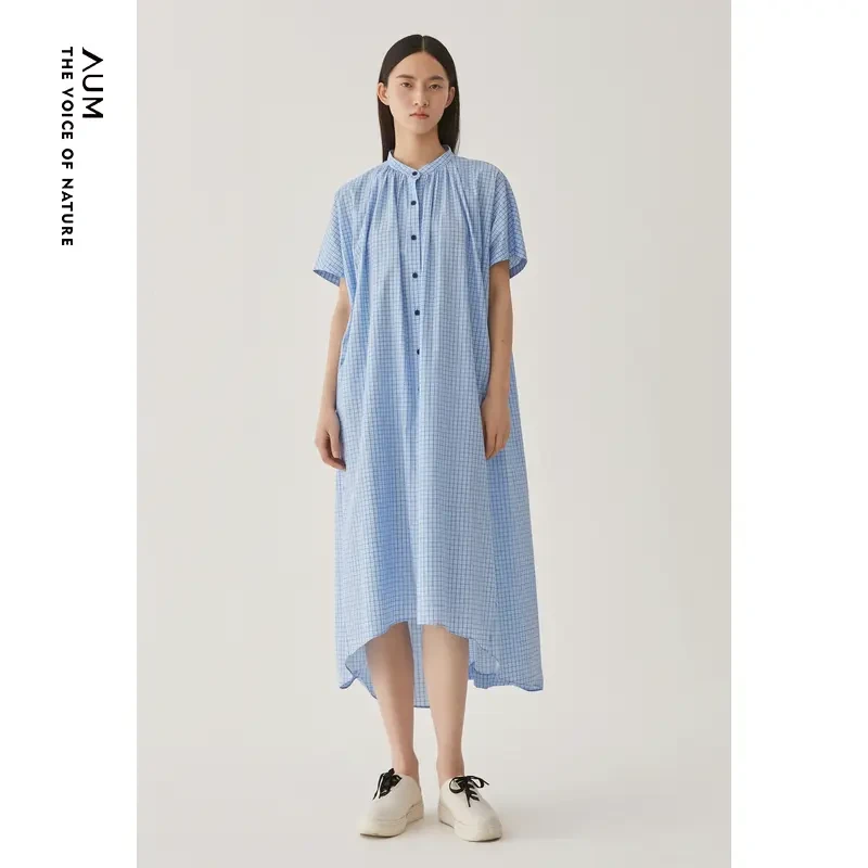【艾钱钱精选】AUM/噢姆夏宽松清新百搭格纹碎褶连衣裙M1BW24036
