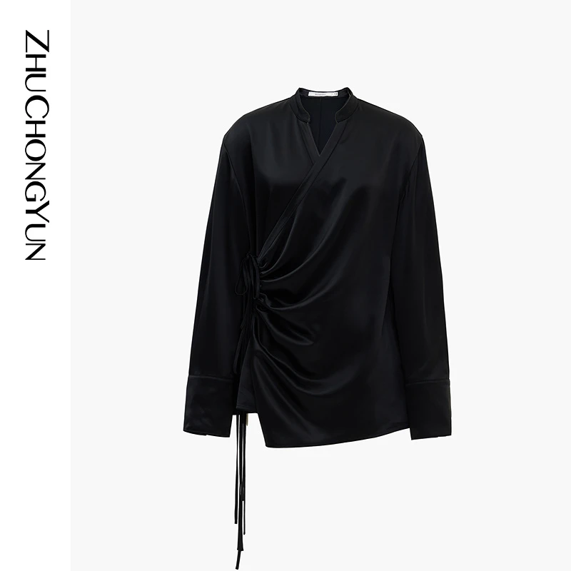 【米儿精选】ZHUCHONGYUN夏黑色东方感斜门襟褶皱系带衬衫上衣