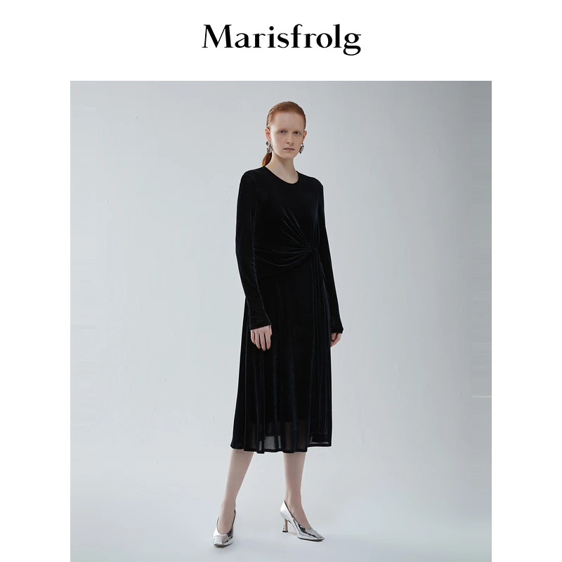 【蓝眼泪】玛丝菲尔冬季黑色腰部褶皱褶皱收腰连衣裙A1AY4064E