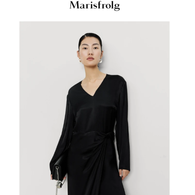 Marisfrolg/玛丝菲尔【新能量·褶皱黑裙】轻奢收腰连衣裙A1DE13146
