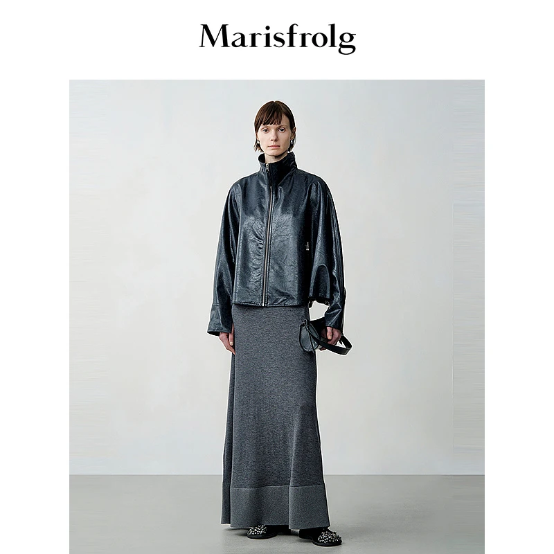 Marisfrolg玛丝菲尔深靛蓝连身袖金属拉链斗篷外套A1EG34268