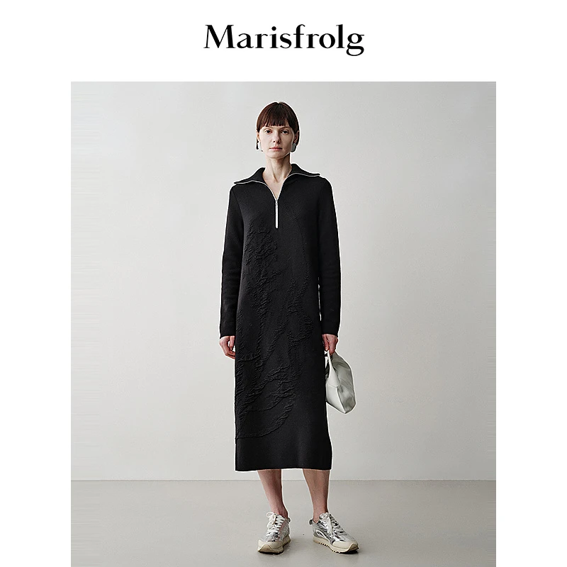 【轻密针织】玛丝菲尔黑色大翻领修身针织开衫长裙ACEG3801M