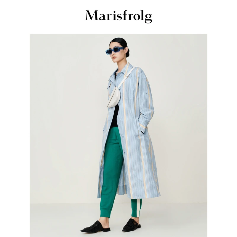 Marisfrolg玛丝菲尔外套女秋格纹蓝中长设计师随型风衣A1BW3103F
