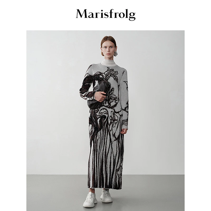 Marisfrolg/玛丝菲尔立领精致提花羊毛针织女士连衣裙A1EG4853M