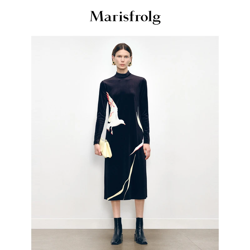 Marisfrolg/玛丝菲尔黑色时尚印花气质复古修身秋冬长裙A1DE36476
