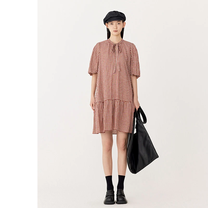 AUM裙子女夏季时尚休闲经典国风格纹撞色复古宽松连衣裙MCEG10156