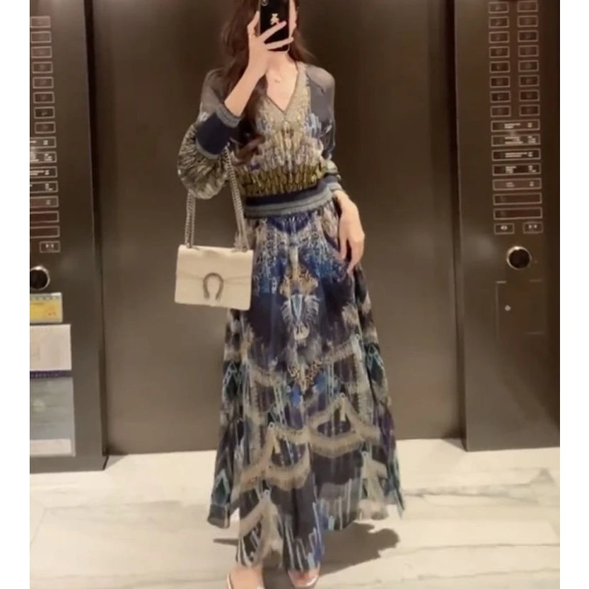 【孔雀翎】100桑蚕丝显瘦印花仙女气质轻奢洋气真丝连衣裙 75156