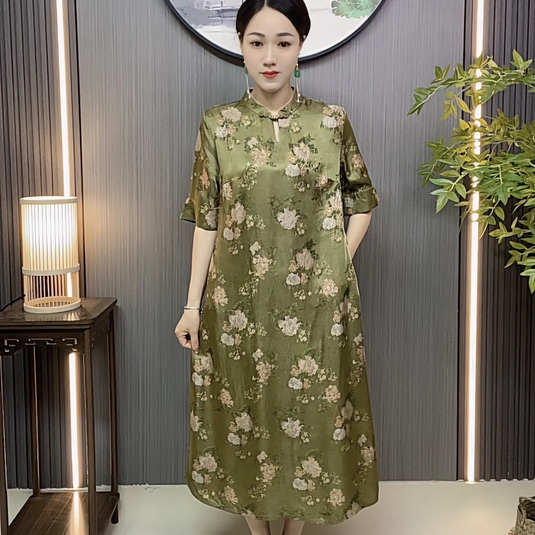 江南鑫雅阁【青翠】夏季新款重磅花萝老料连衣裙女新中式时尚妈妈装