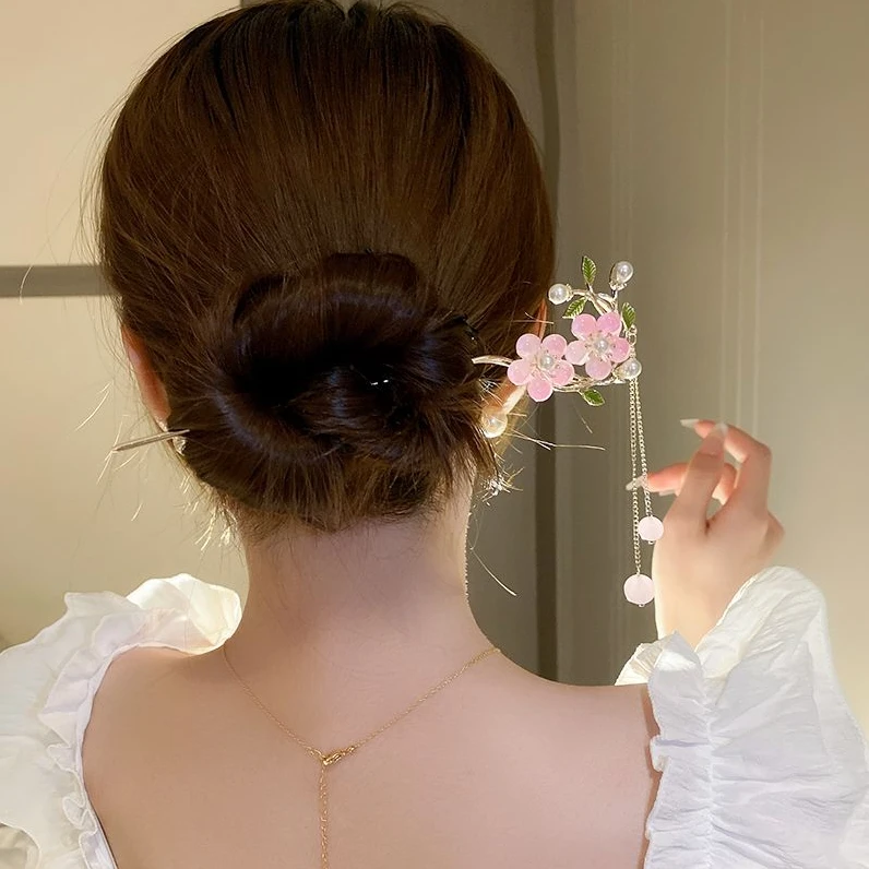 粉色梅花步摇流苏发簪女古风高级感盘发钗气质新中式现代汉服簪子
