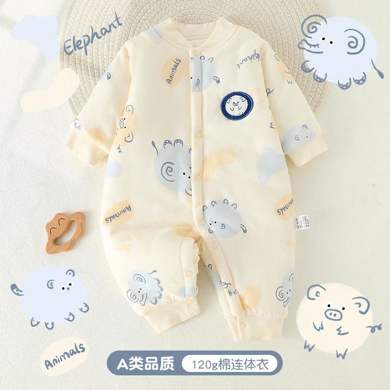 婴儿衣服秋冬季全棉加厚新生儿连体衣120g夹棉无骨宝宝哈衣和尚服