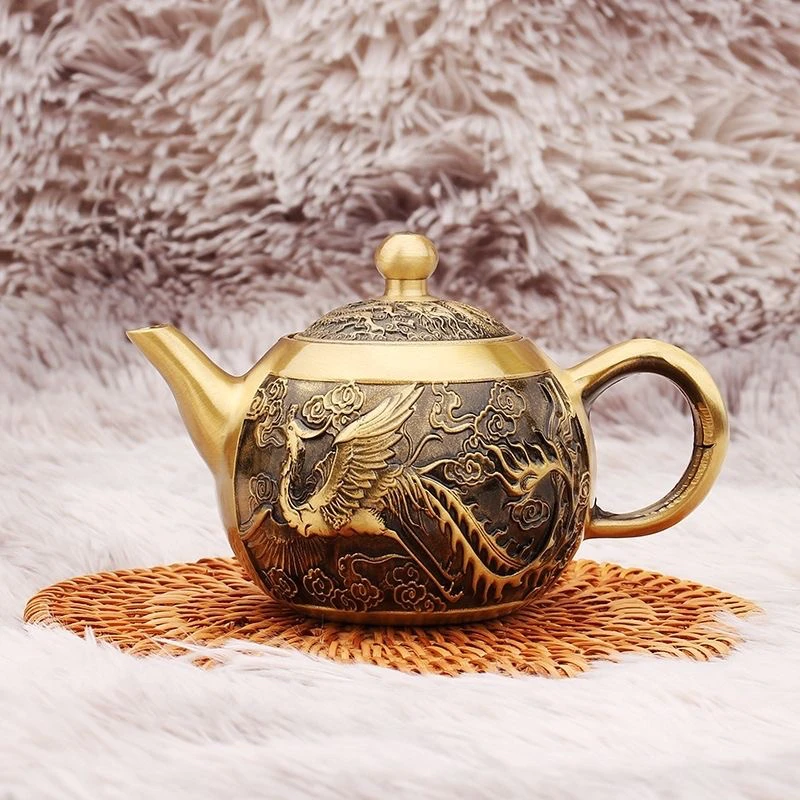 高档黄铜茶壶龙凤浮雕八骏马小茶壶手把玩工艺品家居摆件