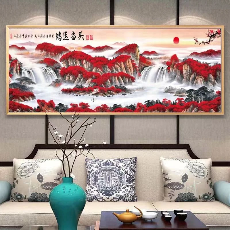 财运版【鸿运当头】新款大格满绣无勾边大气客厅山水装饰画棉线绣