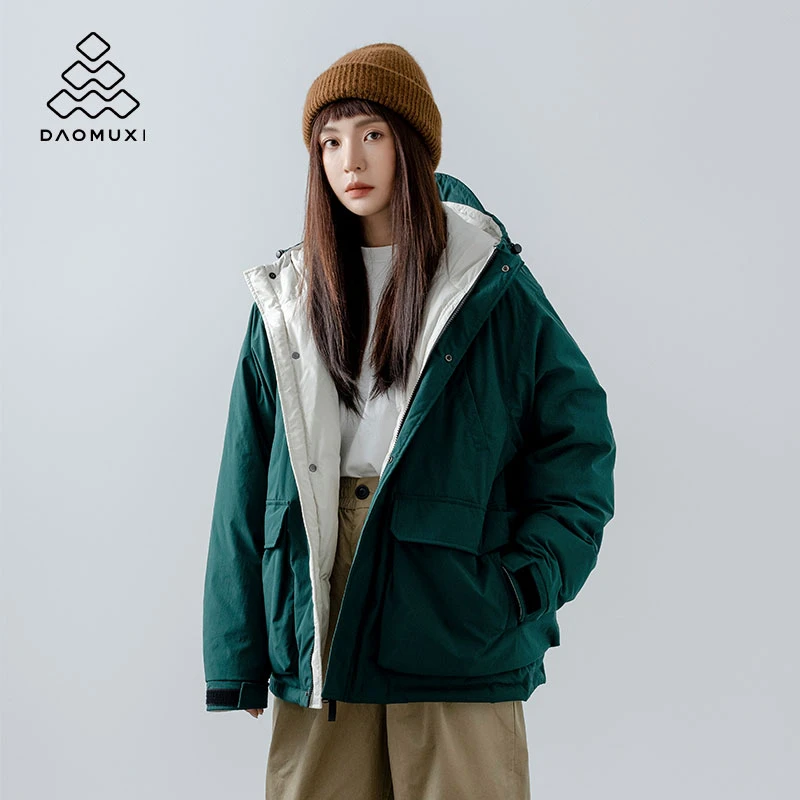道木熙山系户外短款羽绒服女潮流情侣款连帽工装加绒加厚派克服