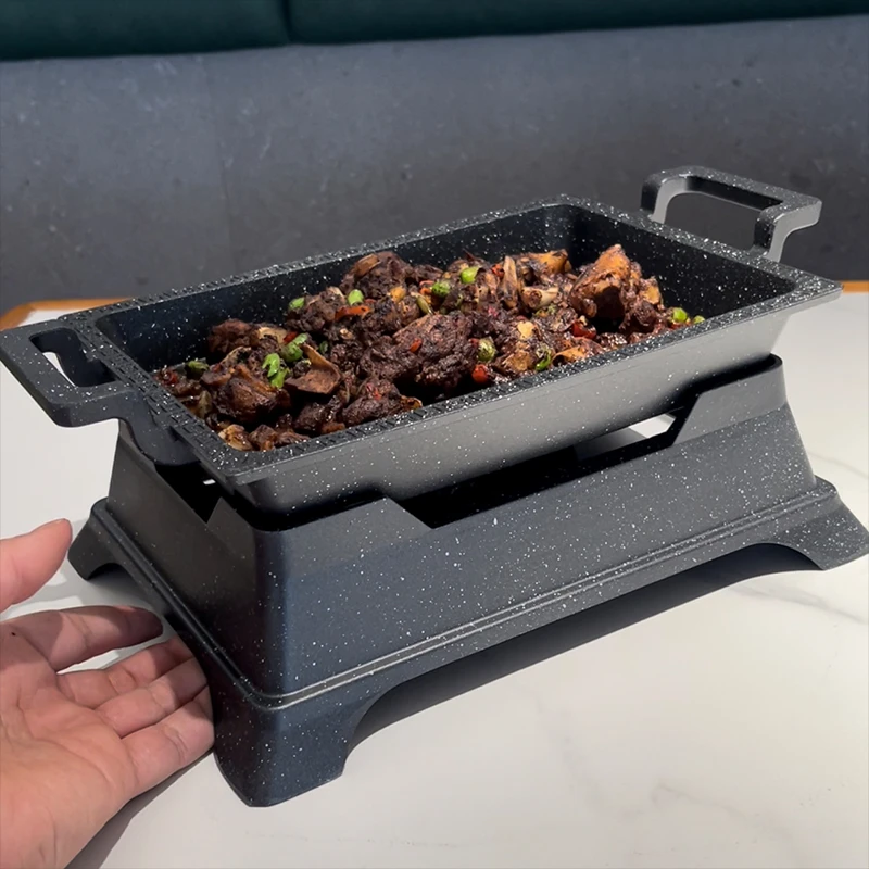 高档烤鱼盘商用干锅牛蛙海鲜专用锅烧盘长方形酒精环保油烤鱼炉子