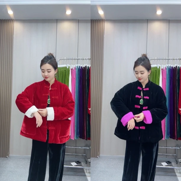 1073国风丝绒棉服外套加厚立领冬季新中式女装