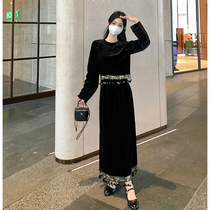 赫本风大码秋冬新气质显瘦亮片拼接金丝绒上衣+半身裙两件套装女
