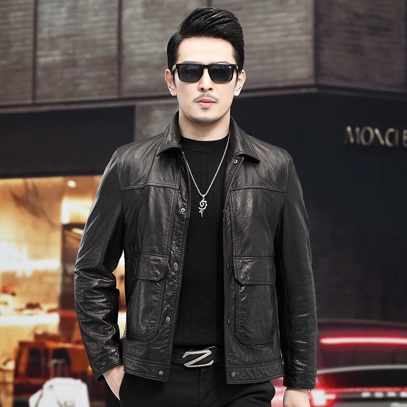 海宁正品2024新款牛皮真皮皮衣男翻领宽松短款皮夹克男士青年外套