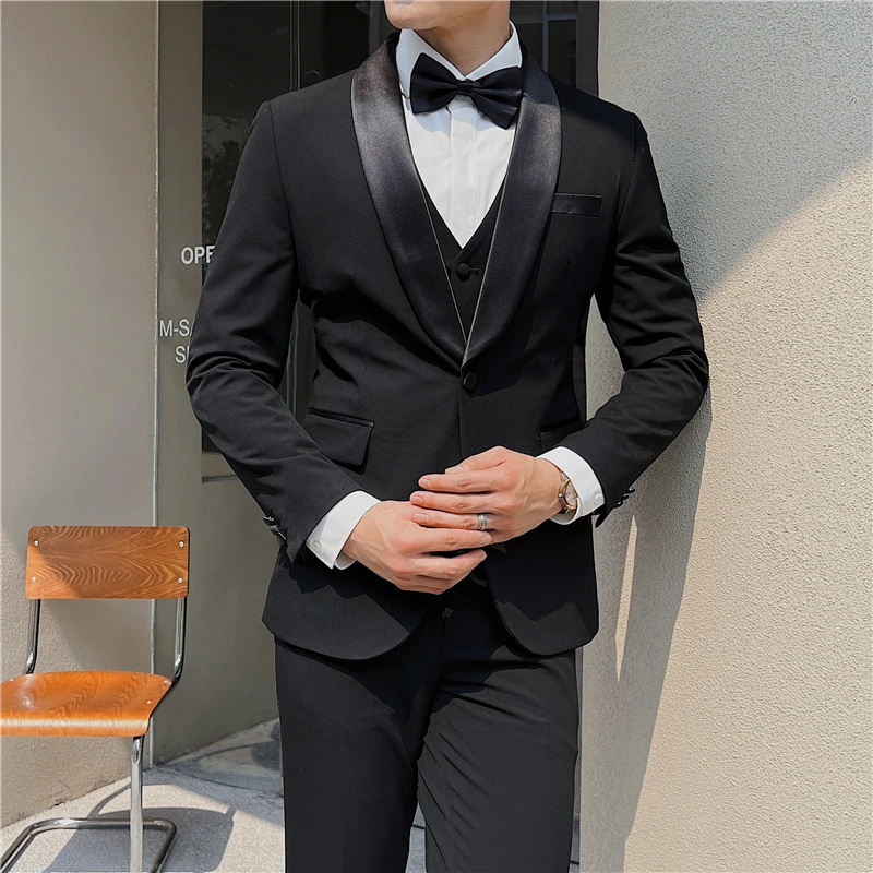 塔士多青果领婚礼西服套装男时尚帅气韩版结婚西装三件套宴会西服