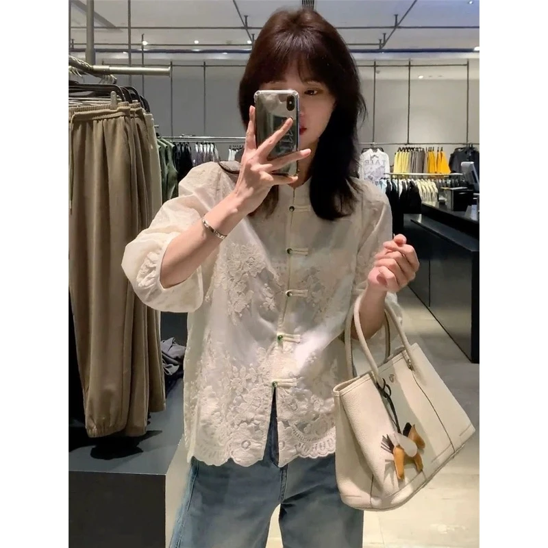 （浮花）新中式盘扣圆领蕾丝衬衫女2024新款复古高端气质薄款上衣