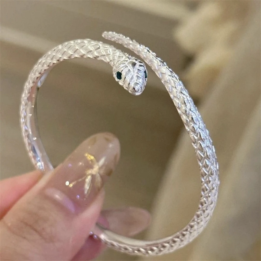 足银手镯 999.9足银蛇形灵蛇开口纯银手镯百搭本命年手镯同款戒指