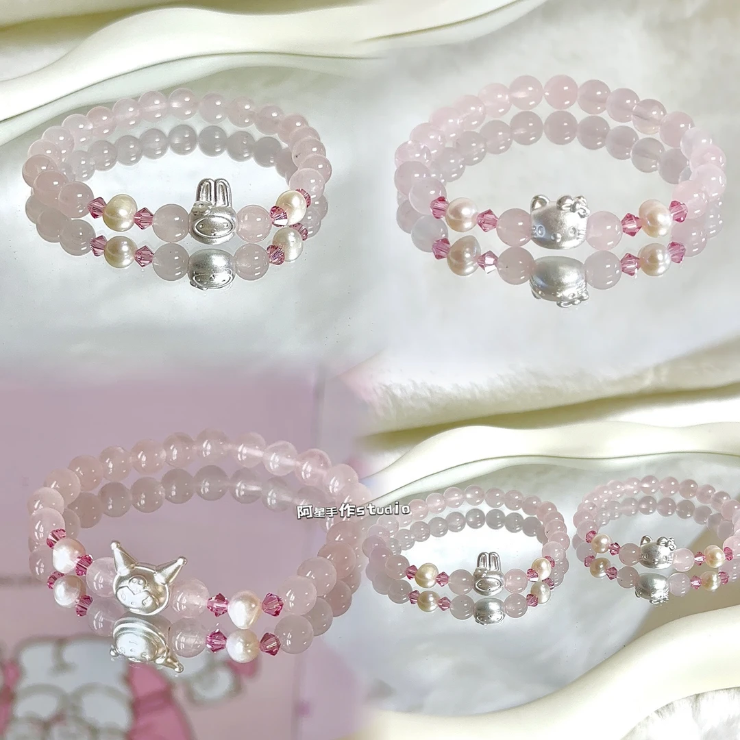 足银999天然水晶手链kityy猫海蓝宝达摩蛋施华洛粉嫩可爱小众