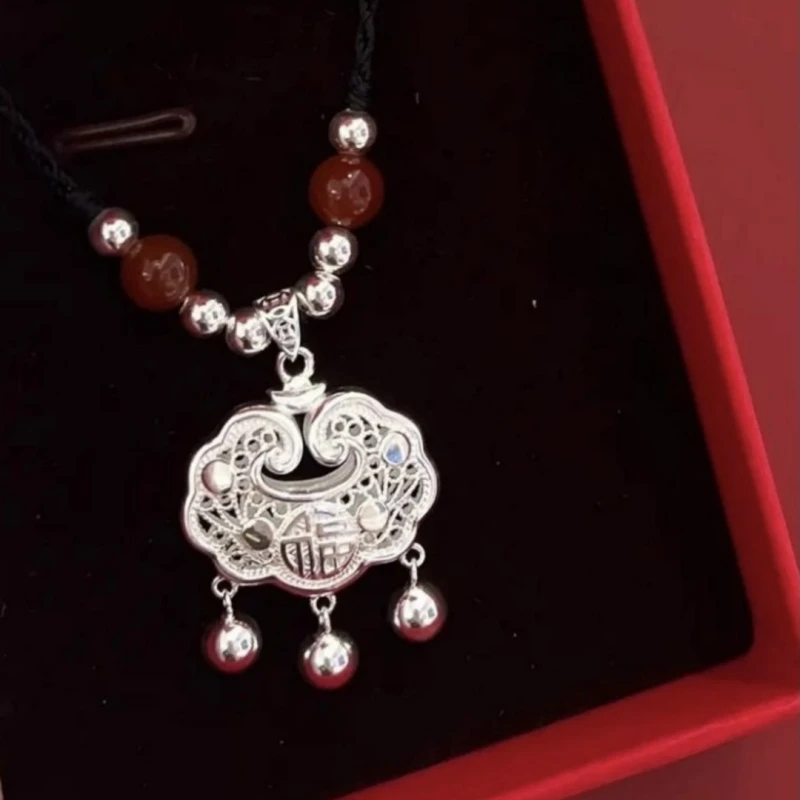 吊坠足银 挂坠足银999平安锁银锁送礼物闺蜜民族风编织项链手工