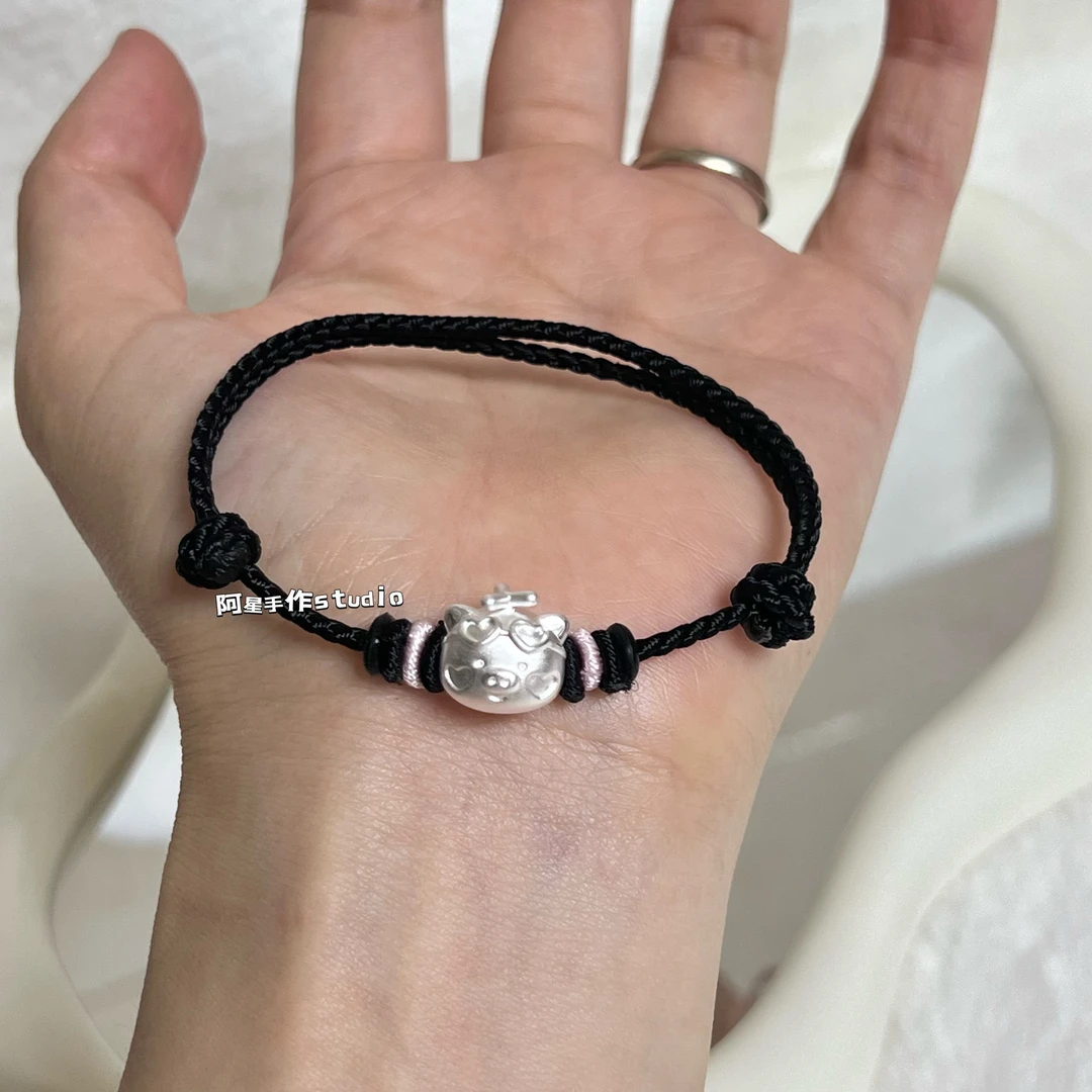 足银布艺手链 足银999露露猪简约百搭闺蜜亲子情侣编织手链