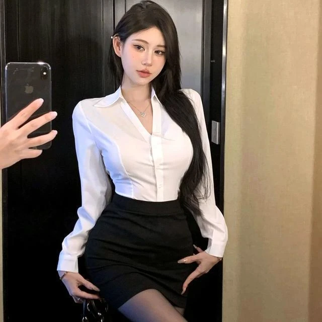 长袖性感V领白衬衫职业工作正装服气质女春秋修身秘书OL制服套装