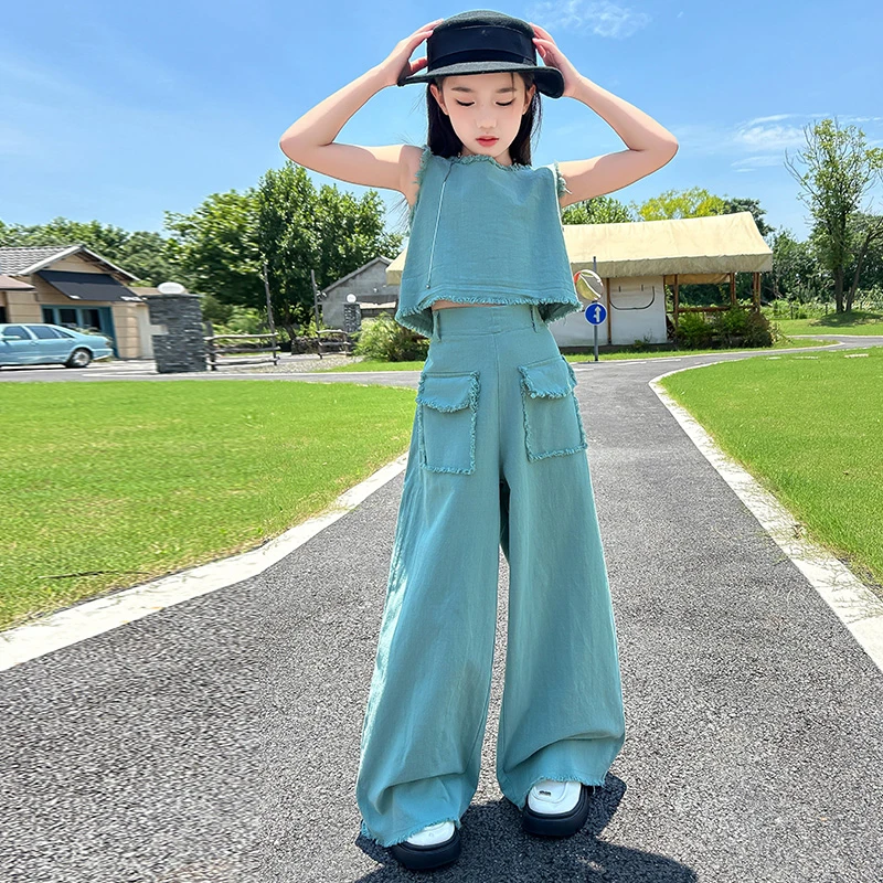 女童装夏季时髦洋气套装6-12岁15岁中大儿童毛边背心阔腿裤两件套