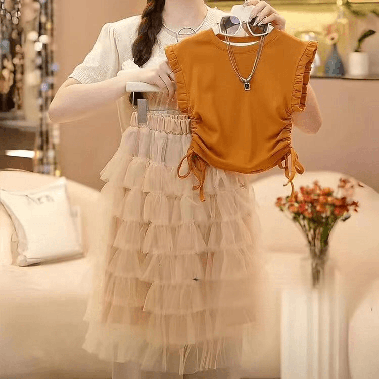 女童2024新款夏季8-15岁纯色气质韩版上衣显瘦网纱裙公主长裙套装