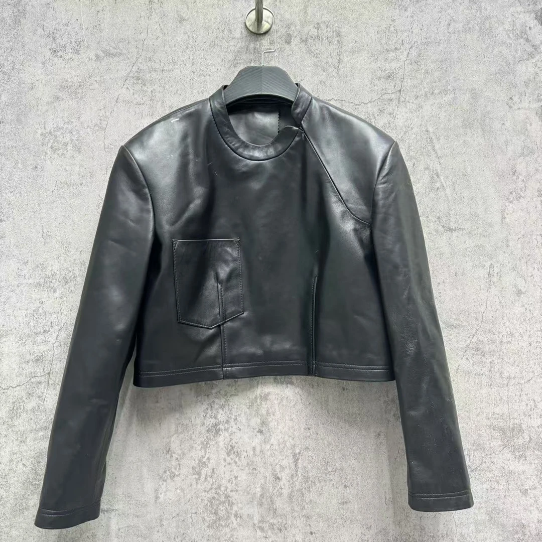 「Darley推荐」“高级感”时髦百搭圆领修身衬衫女长袖显瘦真皮外套潮