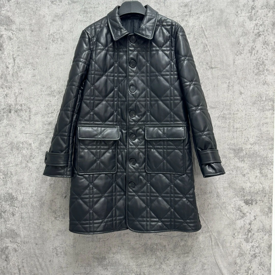 「Darley推荐」“西也暮色” 冬季真皮加棉绵羊皮保暖外套女菱格 风衣