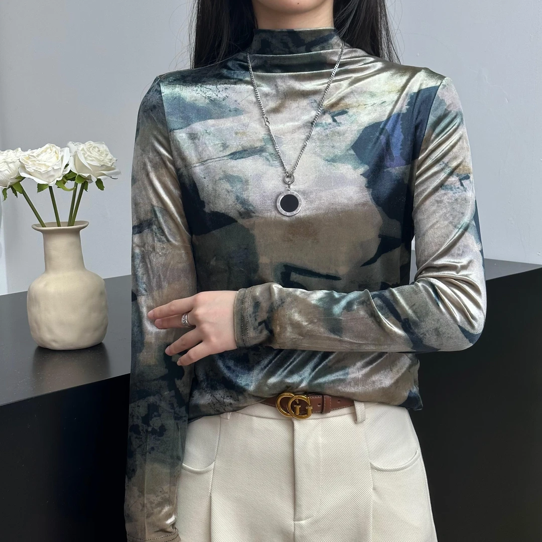 丝绒半高领早秋新款打底时尚气质修身显瘦上衣减龄印花长袖02-38