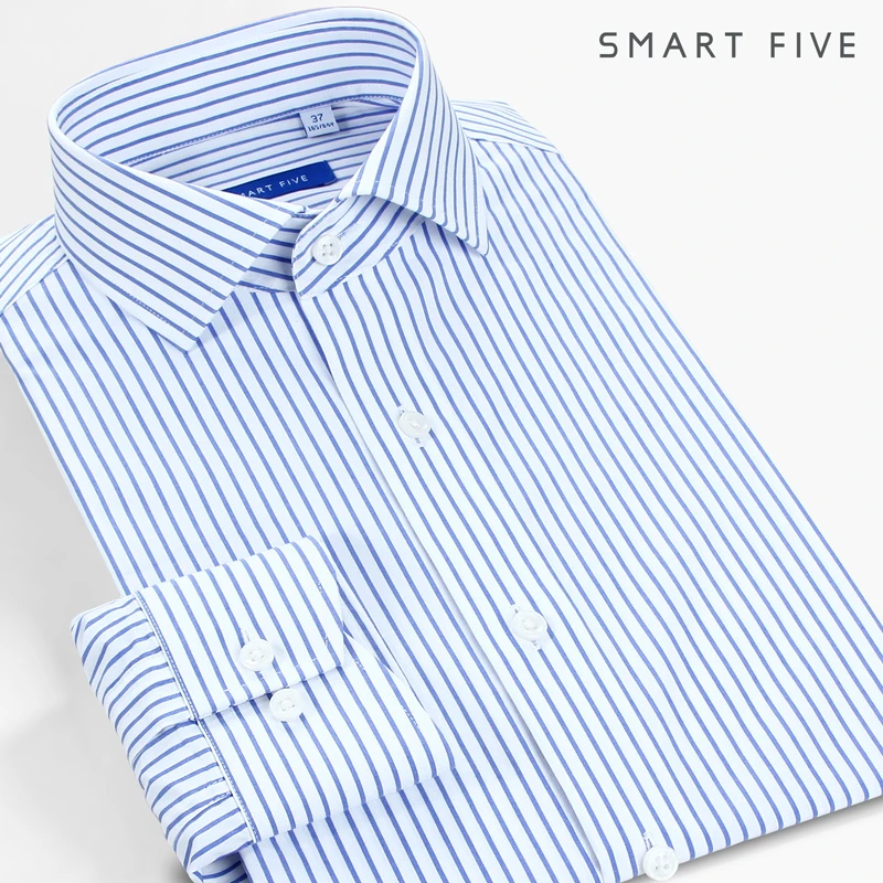 2025春季新款蓝白条纹衬衫男长袖免烫抗皱商务通勤上班温莎领衬衣