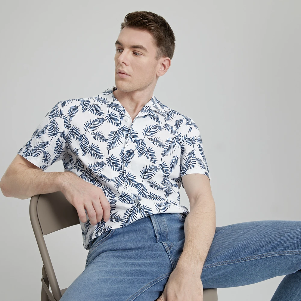 【断码特惠】青年男士度假短袖古巴领衬衫棉麻透气夏季植物印花衬衣