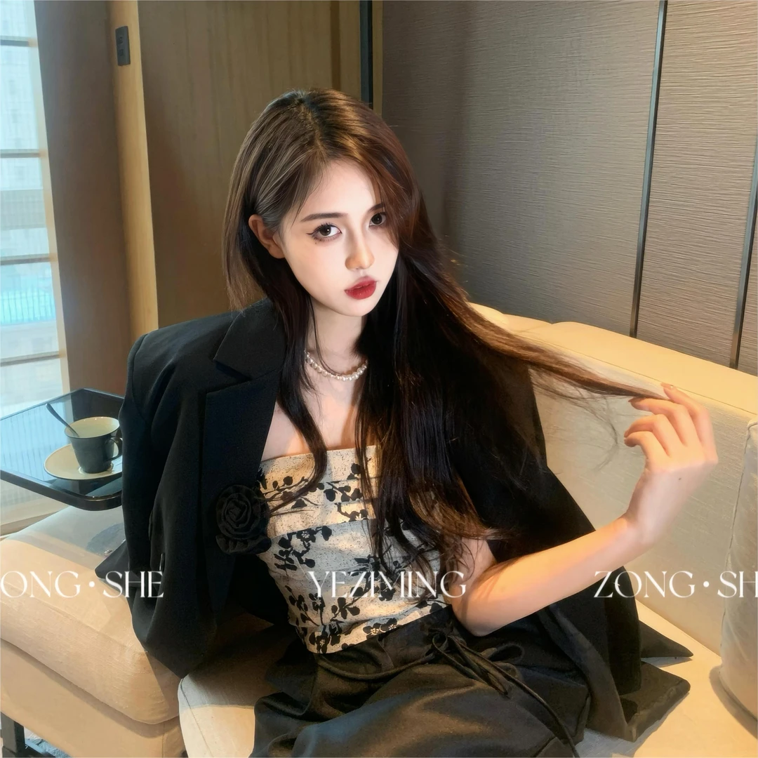 【叶子铭】花边口袋西装--新款设计感时尚复古气质黑色oversize西装