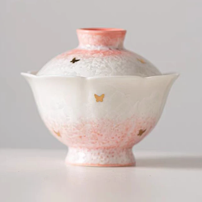 结晶釉冰花点金蝴蝶粉二才花口盖碗陶瓷茶具（不含壶承）