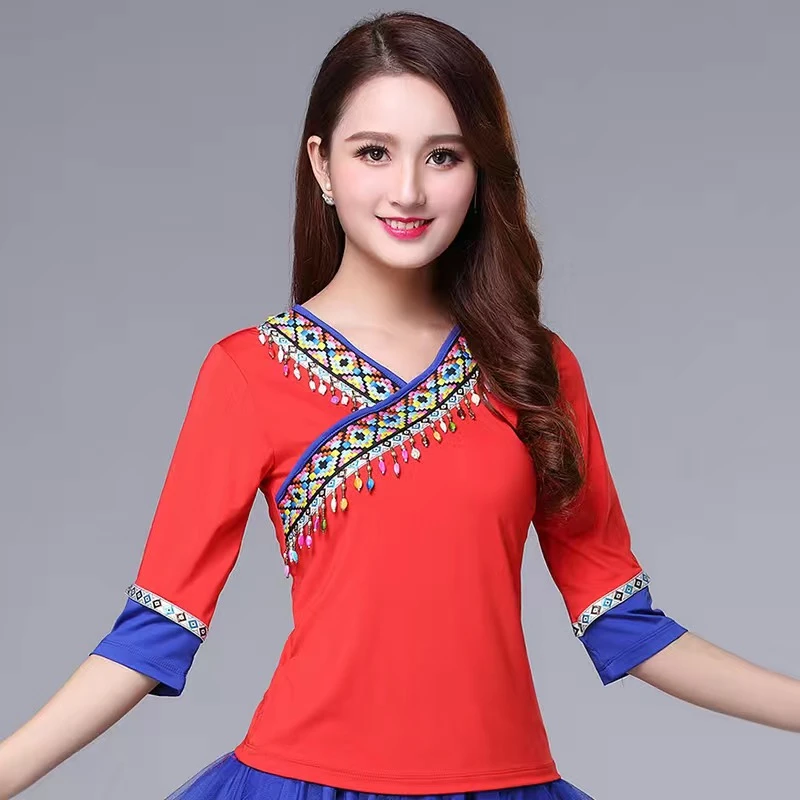 民族风长袖上衣女小衫T恤舞蹈服广场舞