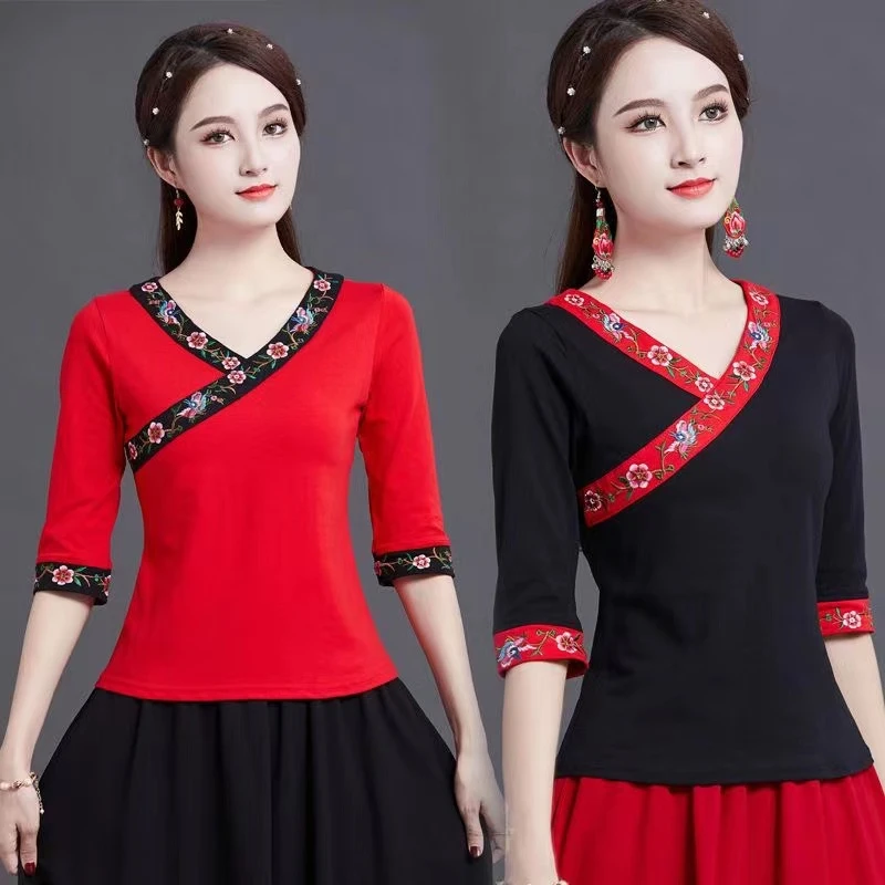 中式绣花民族风上衣刺绣打底衫女