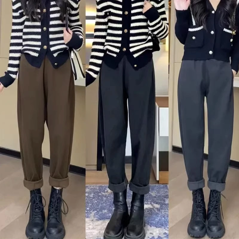 大码毛呢哈伦裤女秋冬2022新款胖mm宽松显瘦直筒加绒休闲九分裤子