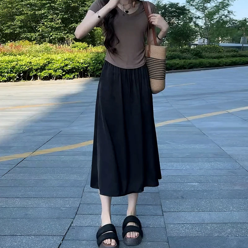 大码垂感时尚半身裙女夏季薄款女装胖mm高腰显瘦松紧腰开叉A字裙