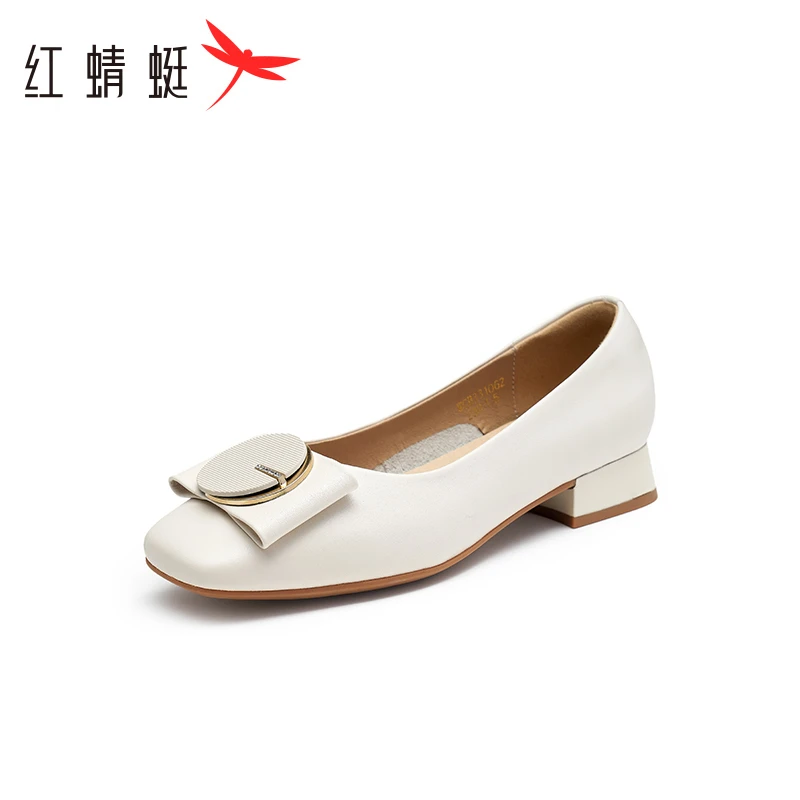 红蜻蜓通勤女士单鞋2023秋季新款软底尖头女鞋一脚蹬粗低跟真皮鞋