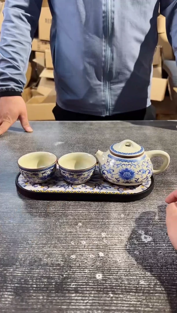 【闪购商品】其他 青花缠枝莲石瓢壶+2杯+活性炭吸水茶盘