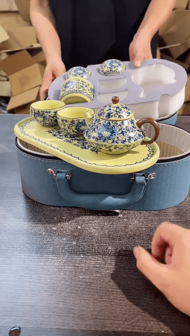 【闪购商品】其他青花汝窑一壶4杯+茶叶罐+茶盘套装