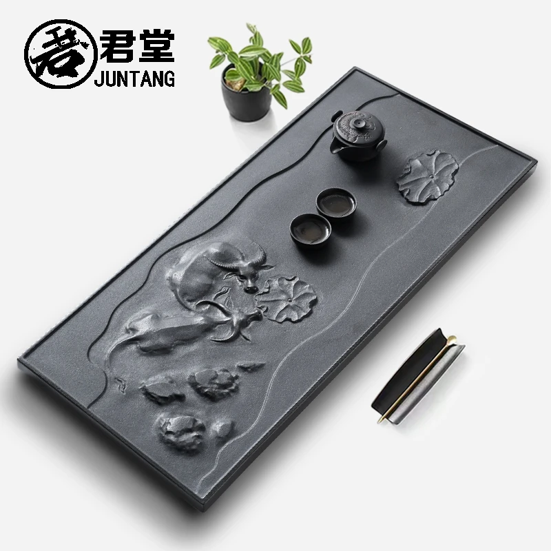 天然乌金石茶盘大师雕刻家用客厅高档石盘办公浮雕石茶具双牛戏水
