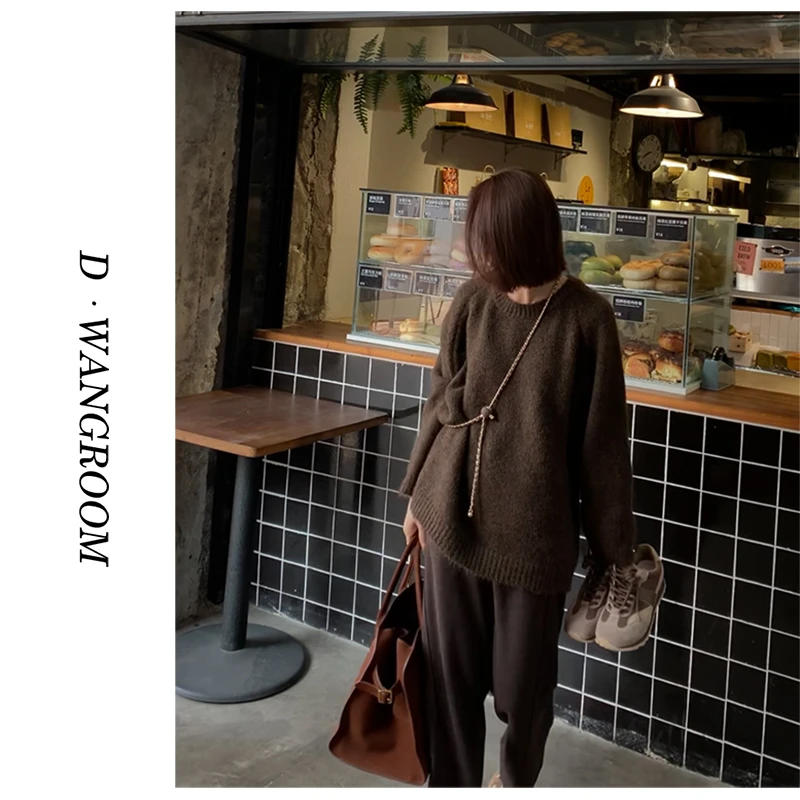 丁小晗【小贴标】韩系ins套头百搭多色宽松粗针慵懒风圆领毛衣D034