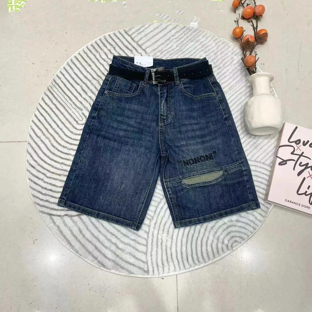 时尚潮流百搭夏季蓝色宽松破洞五分裤水洗牛仔裤11908